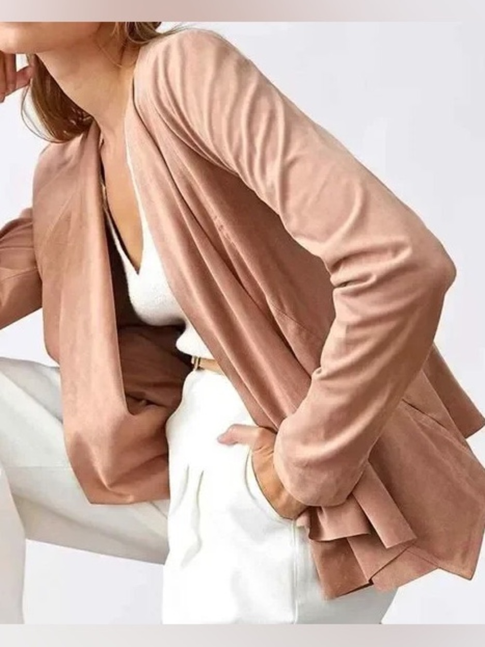 Anthropologie Hutch Draped Faux Suede Jacket Blush Beige Medium
